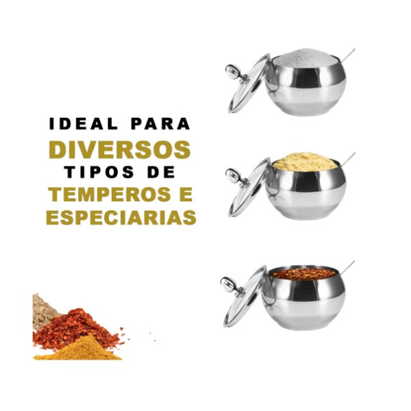 Açucareiro Em Aço Inox Com Tampa De Vidro E Colher Cozinha