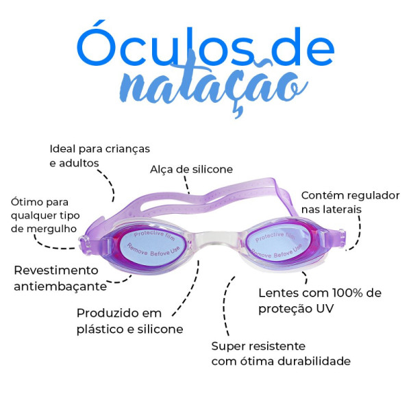 Óculos de Natação com Estojo Plástico e Tampão de Ouvidos - Rosa/Roxo Sortidos