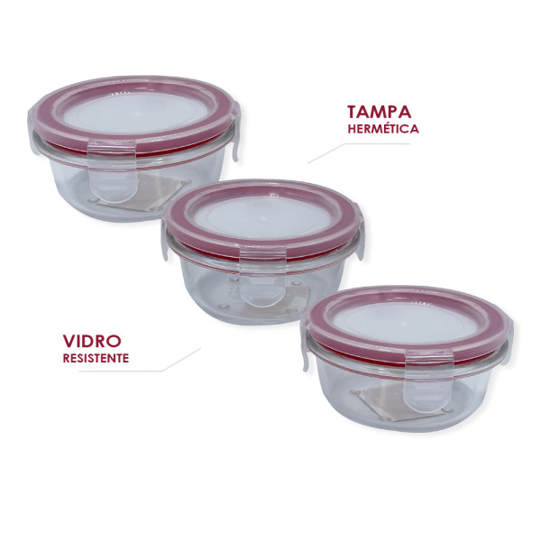 Conjunto 3 Potes De Vidro Com Tampa Redondo