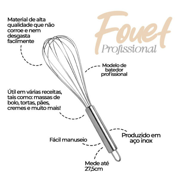 Batedor De Ovos Fouet Profissional Prateado De Aço Inox 27,5cm