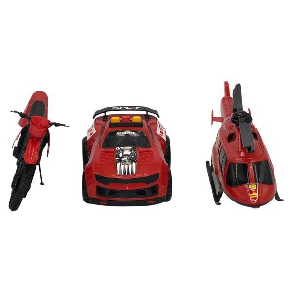 Triplo BS Kit de Brinquedos de Polícia com Carro, Moto e Helicóptero - Vermelho