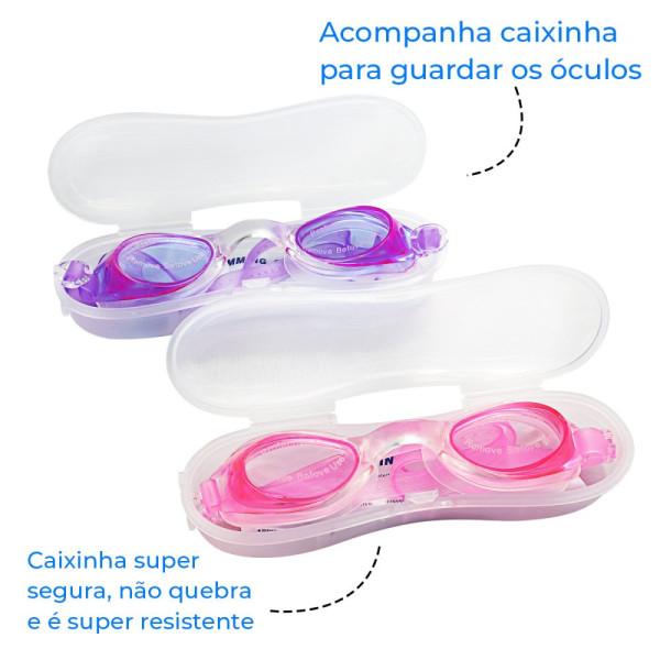 Óculos de Natação com Estojo Plástico e Tampão de Ouvidos - Rosa/Roxo Sortidos